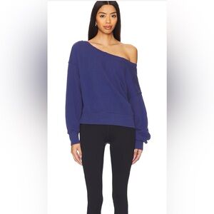 Spiritual Gangster La Vida Off Shoulder Sweatshirt, INDIGO, Small, NEW